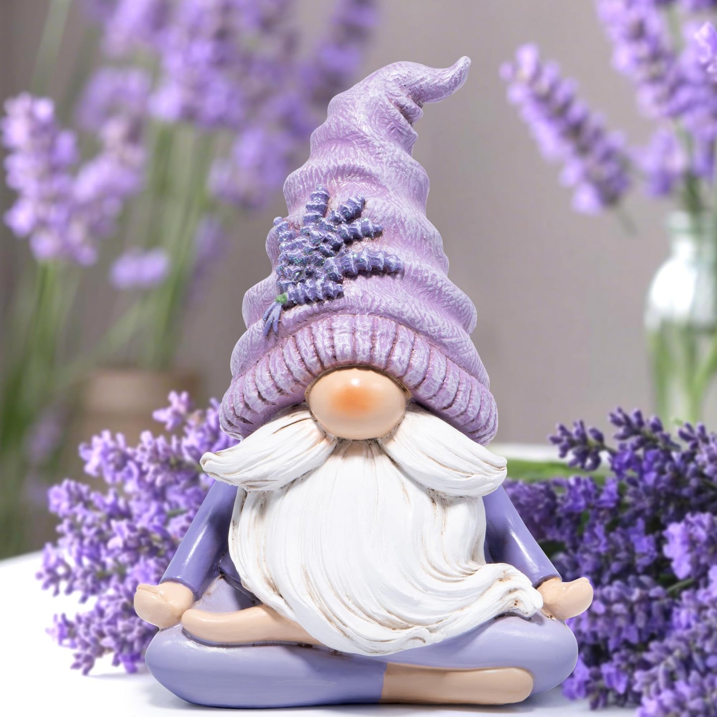 Hodao Lavender Meditating Gnome – Peaceful Resin Figurine for Spring Decor or Mindfulness Gift for Women 6.5” Tall