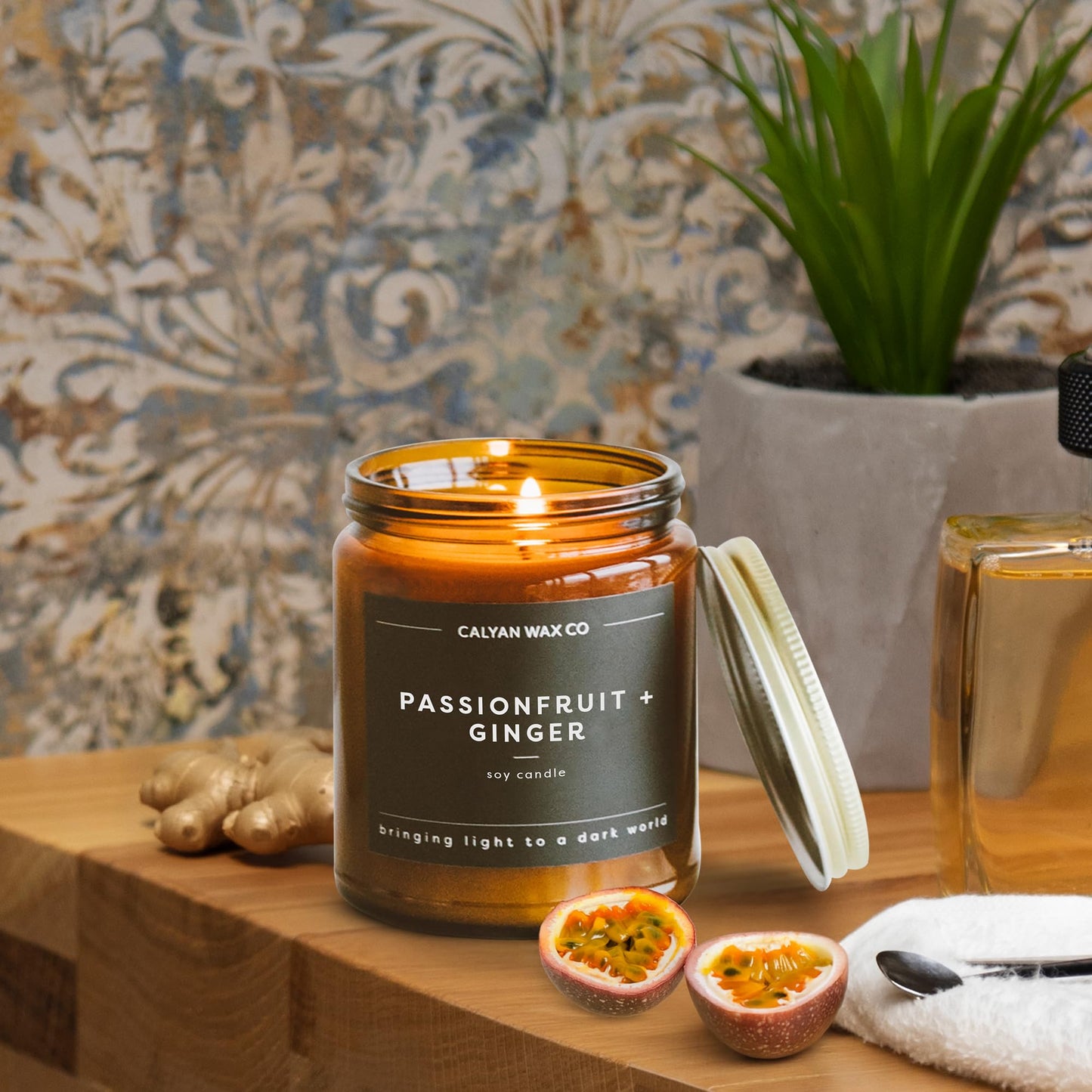 Calyan Wax Co. Soy Wax Candle, Passionfruit + Ginger Scented Candle, 57 Hour Burn Time, Aromatherapy Soy Candles, Non Toxic & Vegan Soy Wax, Amber Glass Jar Scented Candles, 7.2oz