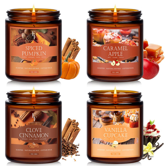 Fall Candles Set, 4 Pack Candles for Home Scented Natural Soy Wax, Autumn Gifts Set for Women Men, Fall Fragrance of Pumpkin/Cinnamon/Vanilla Cupcake/Apple