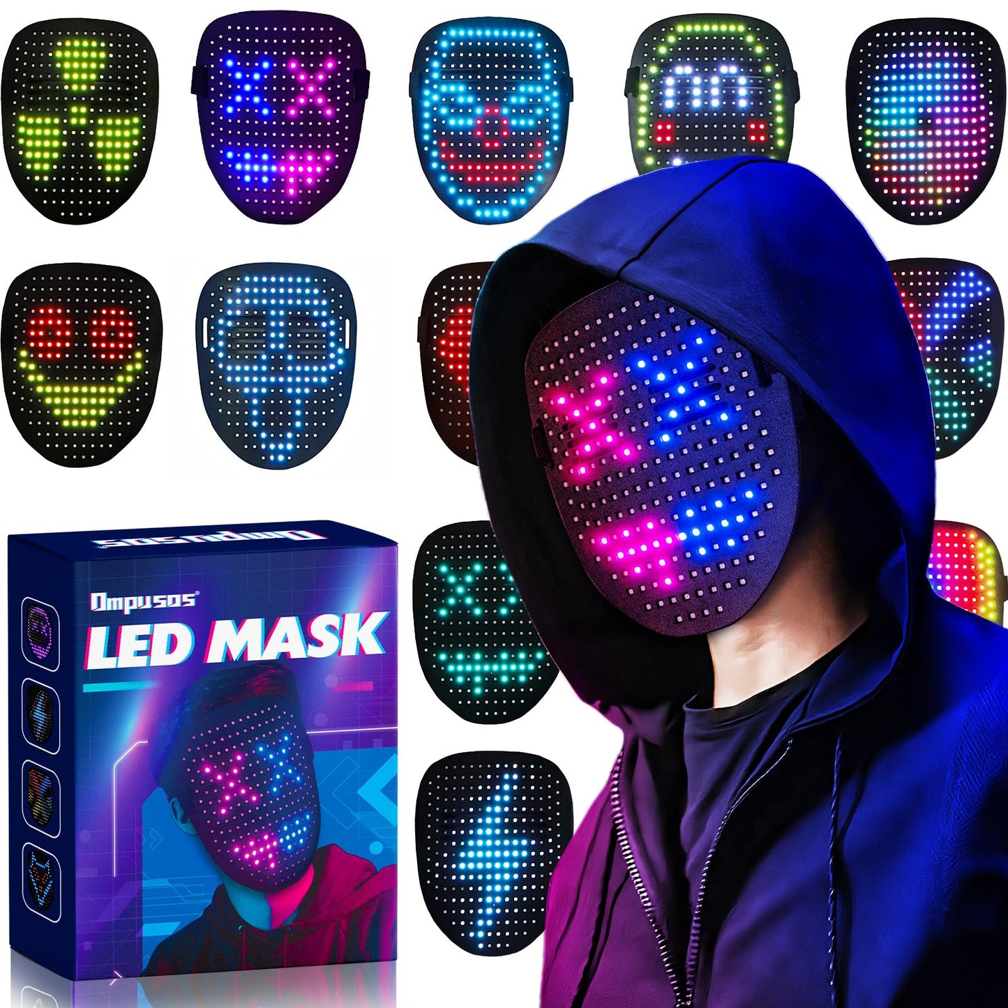 Ompusos LED Mask with Gesture Sensing Transforming Light Up Face Mask for Halloween Rave, Birthday and Masquerade Parties
