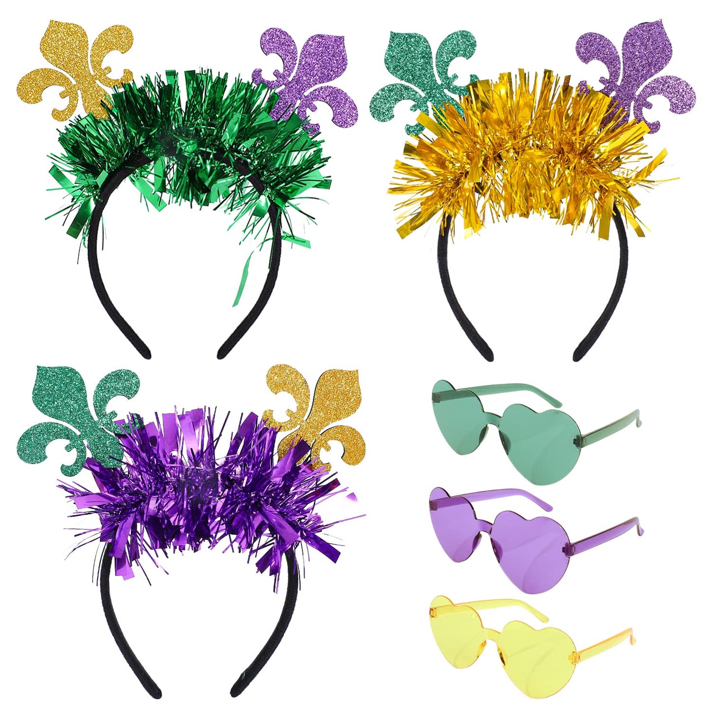 Whaline 6 Pcs Mardi Gras Accessory Set 3 Mardi Gras Glitter Headband Carnival Headband 3 Mardi Gras Heart Glasses Mardi Gras Costume Hairbands for Women Girl Cosplay Supplies, Purple, Yellow, Green