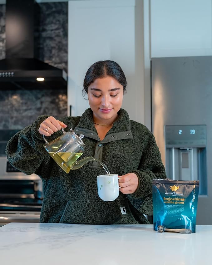 Japanese Sencha Green Tea, Organic Loose Leaf Sencha Tea – Antioxidant & Detox Support – Refreshing Hot or Iced Green Tea – 4 oz Resealable Bag (Makes 50 Cups) – The Elegant Elephant