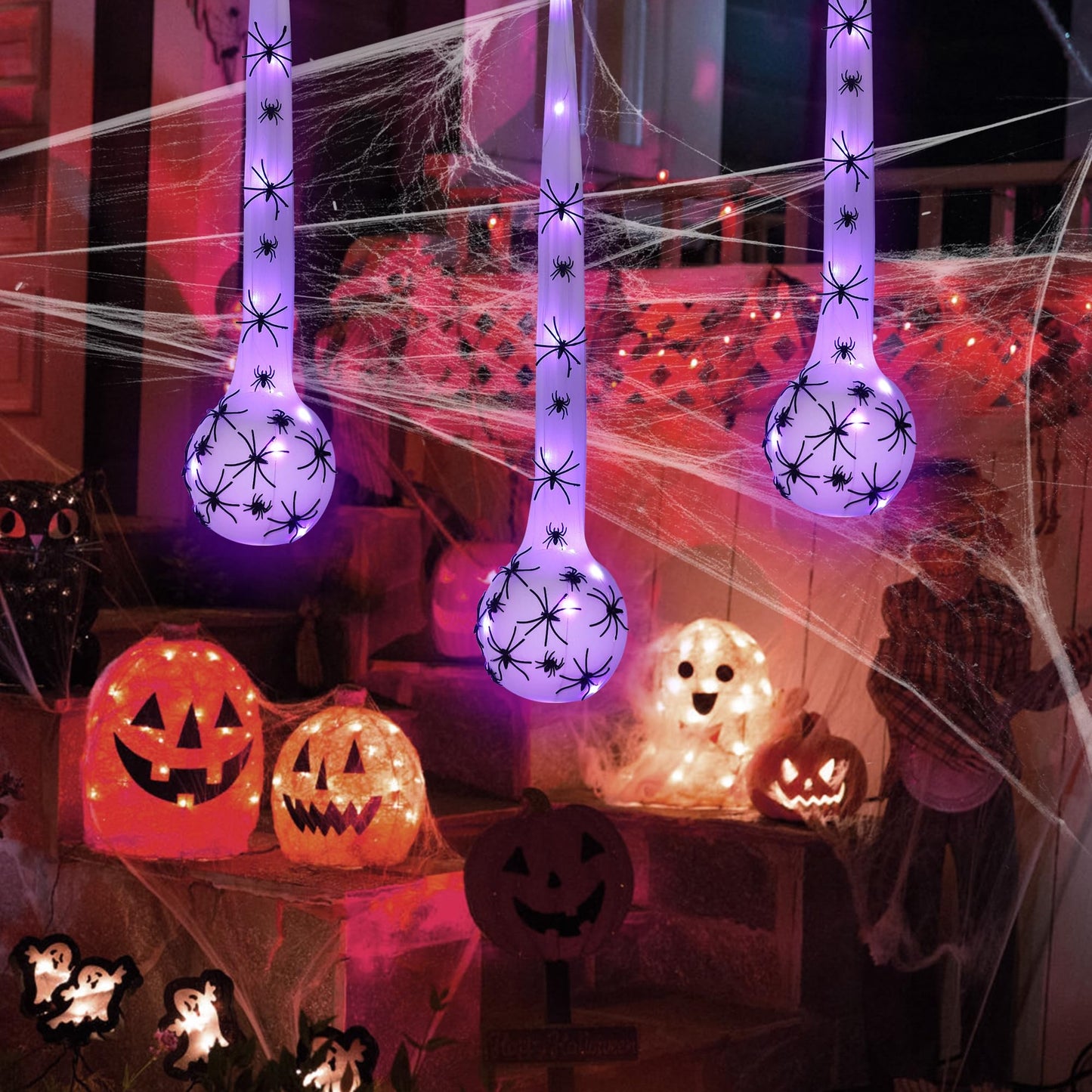 DR.DUDU 3 Pack Hanging Halloween Decorations Outdoor Giant Spider Egg 5"x28", Light Up Spider Webs with Purple LED Lights, Waterproof for Halloween Props Party Gifts, Yard Garden Tree House Décor