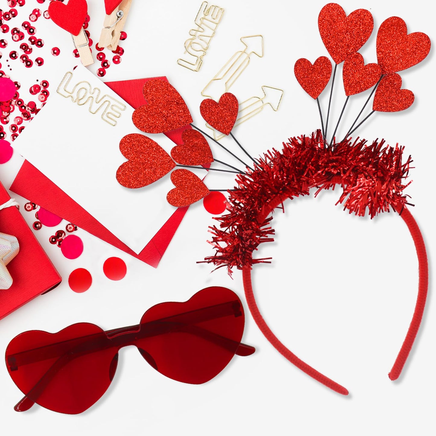 TUSAUW Valentine's Day Heart Headband and Heart-Shaped Glasses Set - Red Heart Headband for Wedding, Engagement, Halloween, Anniversary, Bridal Shower, Birthday Party Costume Accessory