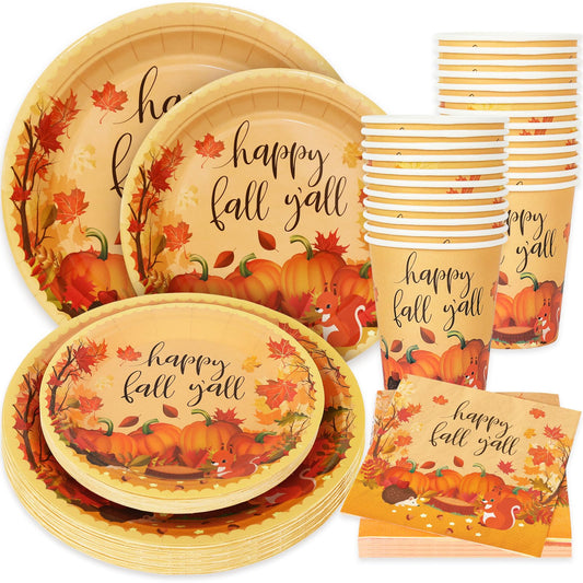 Whaline 100Pcs Fall Tableware Set Colorful Pumpkin Autumn Leaves Disposable Dinnerware Set 50Pcs Paper Plates 25Pcs Napkin 25Pcs Cups for Holiday Thanksgiving Birthday Party Supplies Table Decorations
