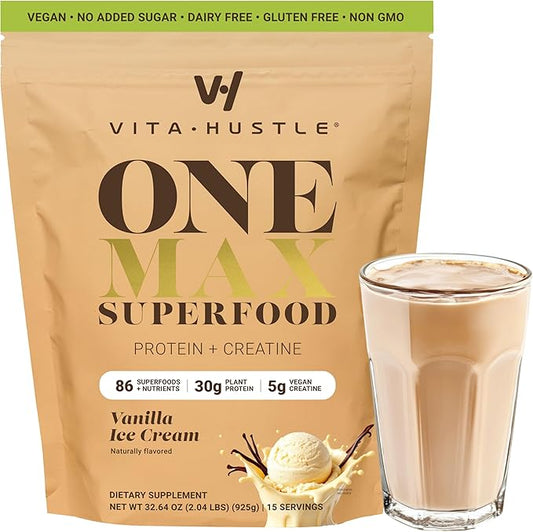VitaHustle ONE Max Protein Powder, 30g Plant Protein + 5g Creatine, All-in-One Meal Replacement Shake with Greens, Adaptogens, Ashwagandha, Probiotics & Vitamins – Vanilla Ice Cream, 15 Servings