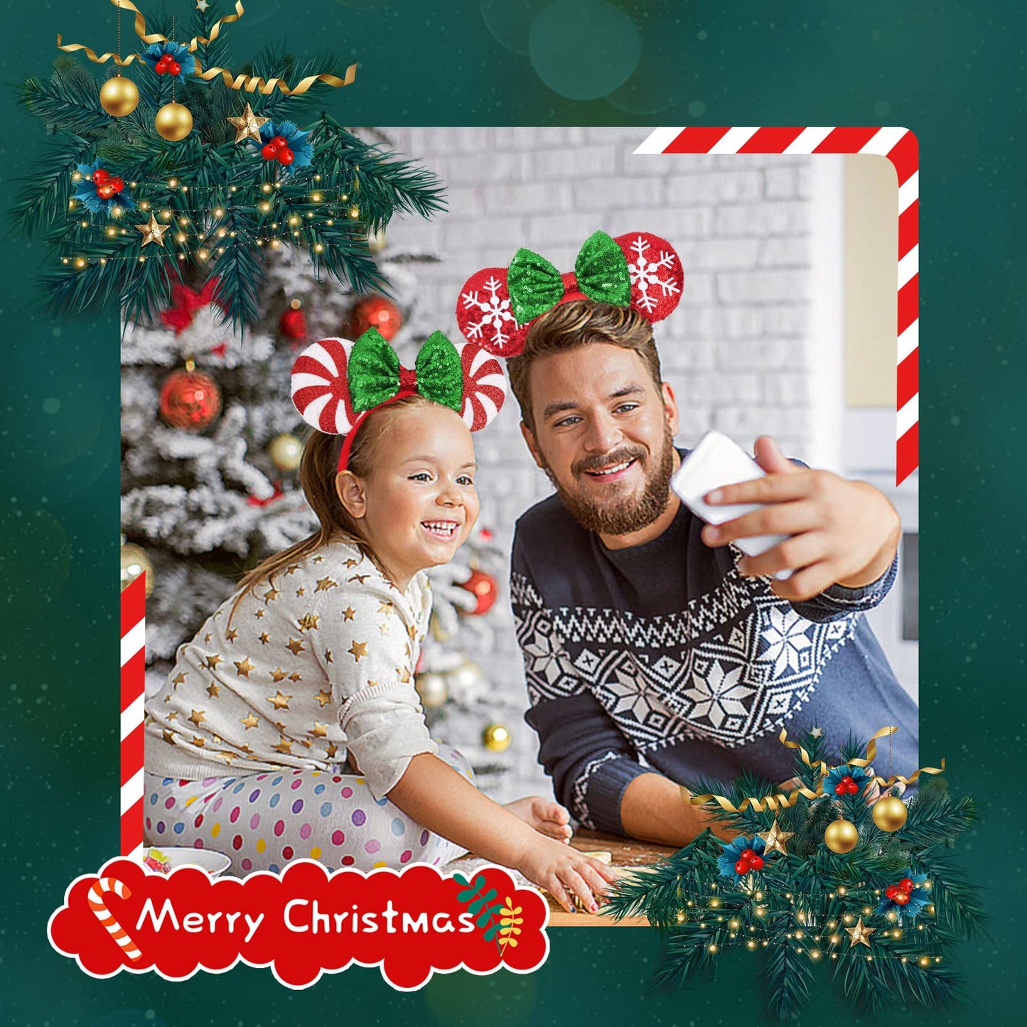 Christmas Mouse Ears Headband, 2 PCS Christmas Ears for Women Kids, Sequin Bow Headbands for Christmas Parties Cosplay Costume (Peppermint Green & Red Snowflake)