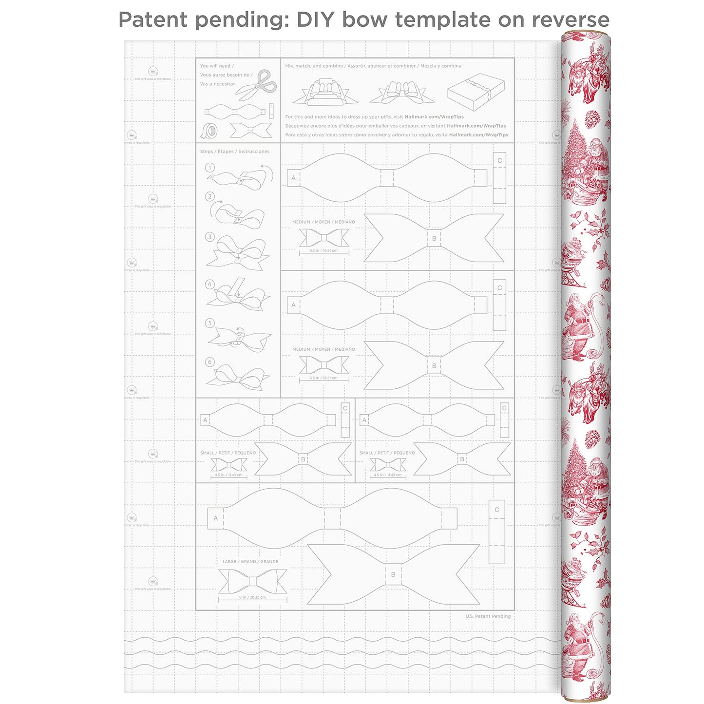 Hallmark Holiday Plaid Wrapping Paper with Cutlines and Optional DIY Bow Templates on Reverse (3-Pack: 120 Sq. Ft. Ttl) Red Toile, Black Buffalo Check, Plaid for Christmas, Birthdays, Weddings, Crafts