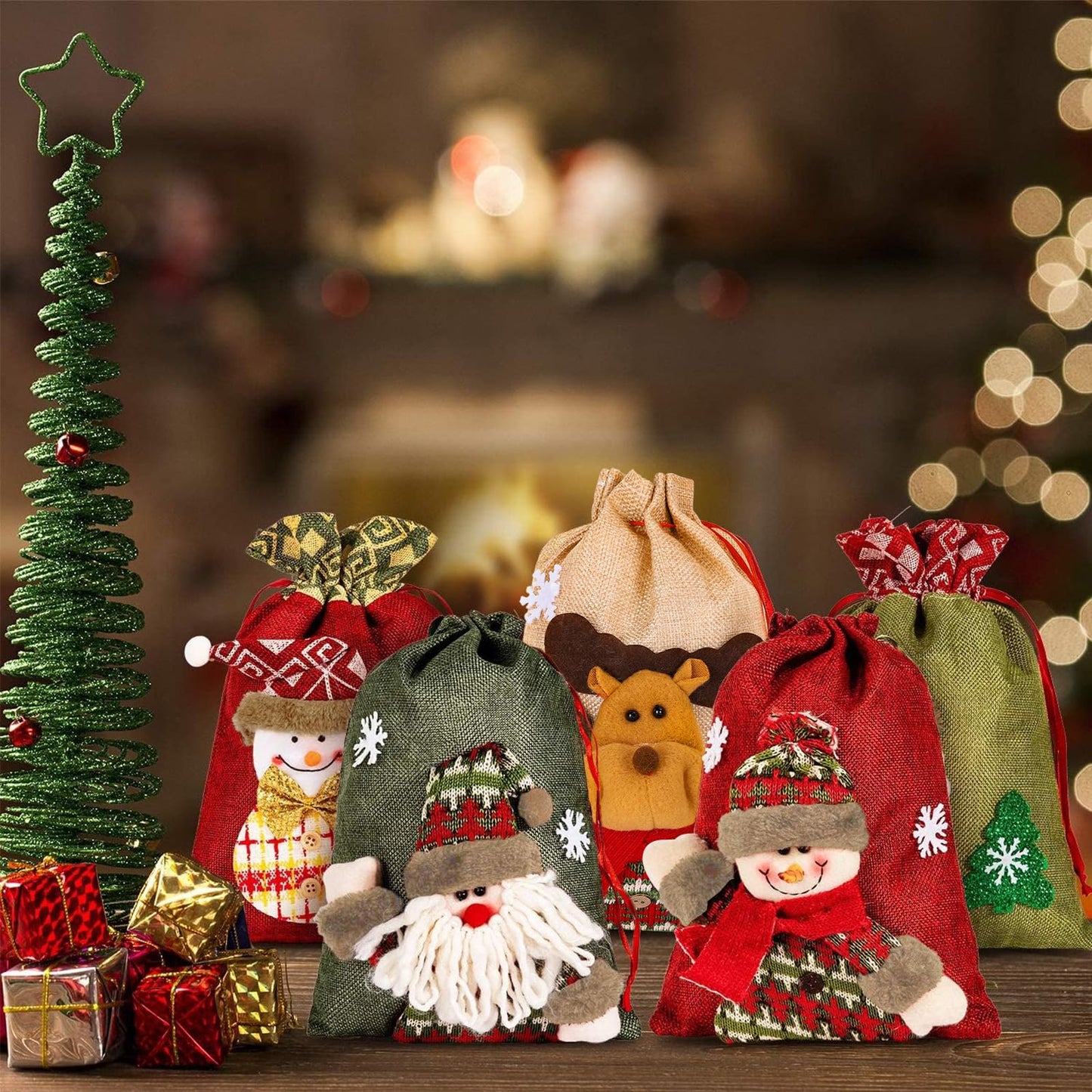 Whaline 3D Xmas Gift & Party Favor Bags Drawstring Handle Xmas Treat Pouch, Snowman Red - 8 x 11in, 8 x 12in (5 Pack)