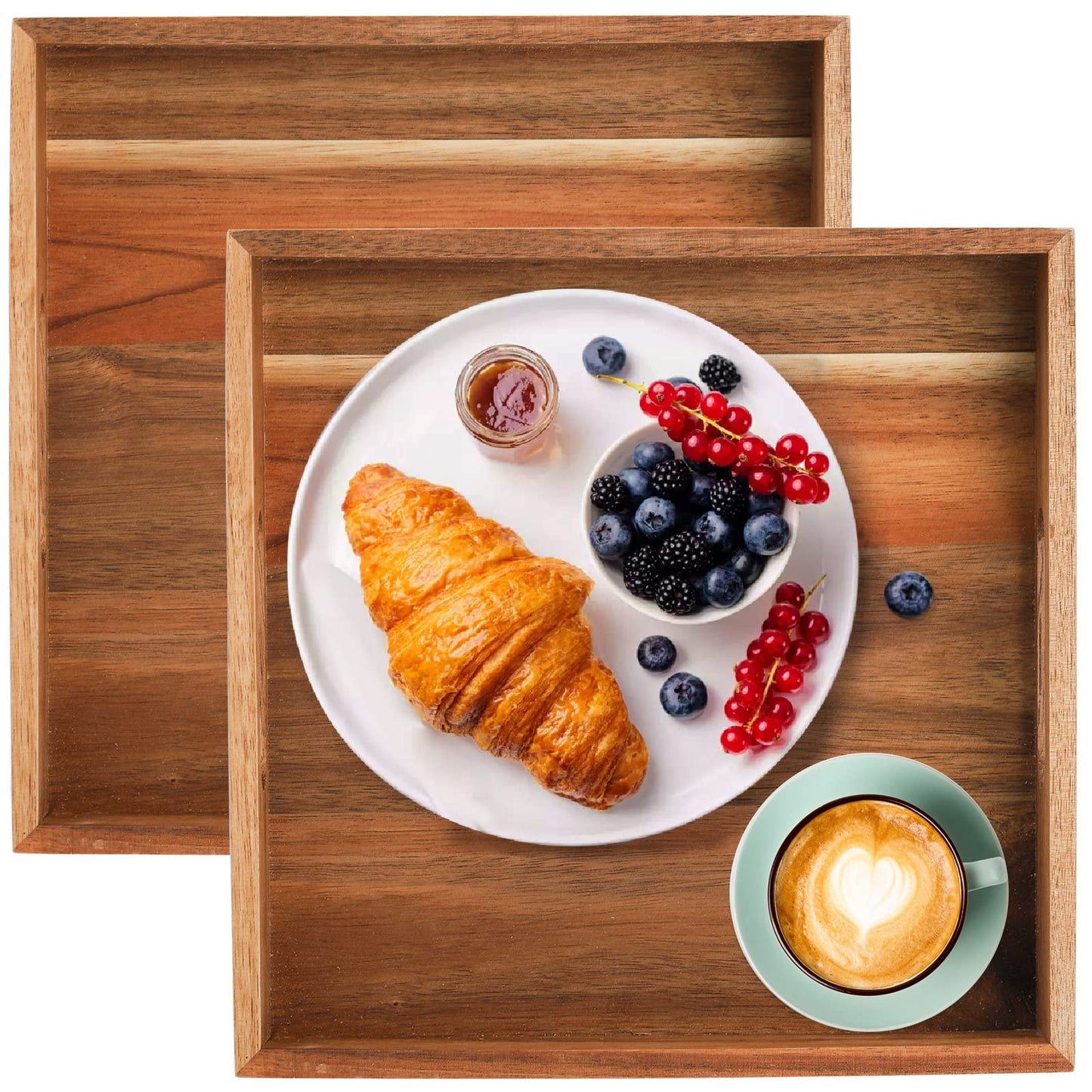 YOUEON Set of 2 Acacia Wood Serving Tray with Handles, 10x10x2 Inch Decorative Serving Trays for Food, Ottoman Tray, Square Coffee Table Trays for Dinner, Coffee, Wine, Appetizer