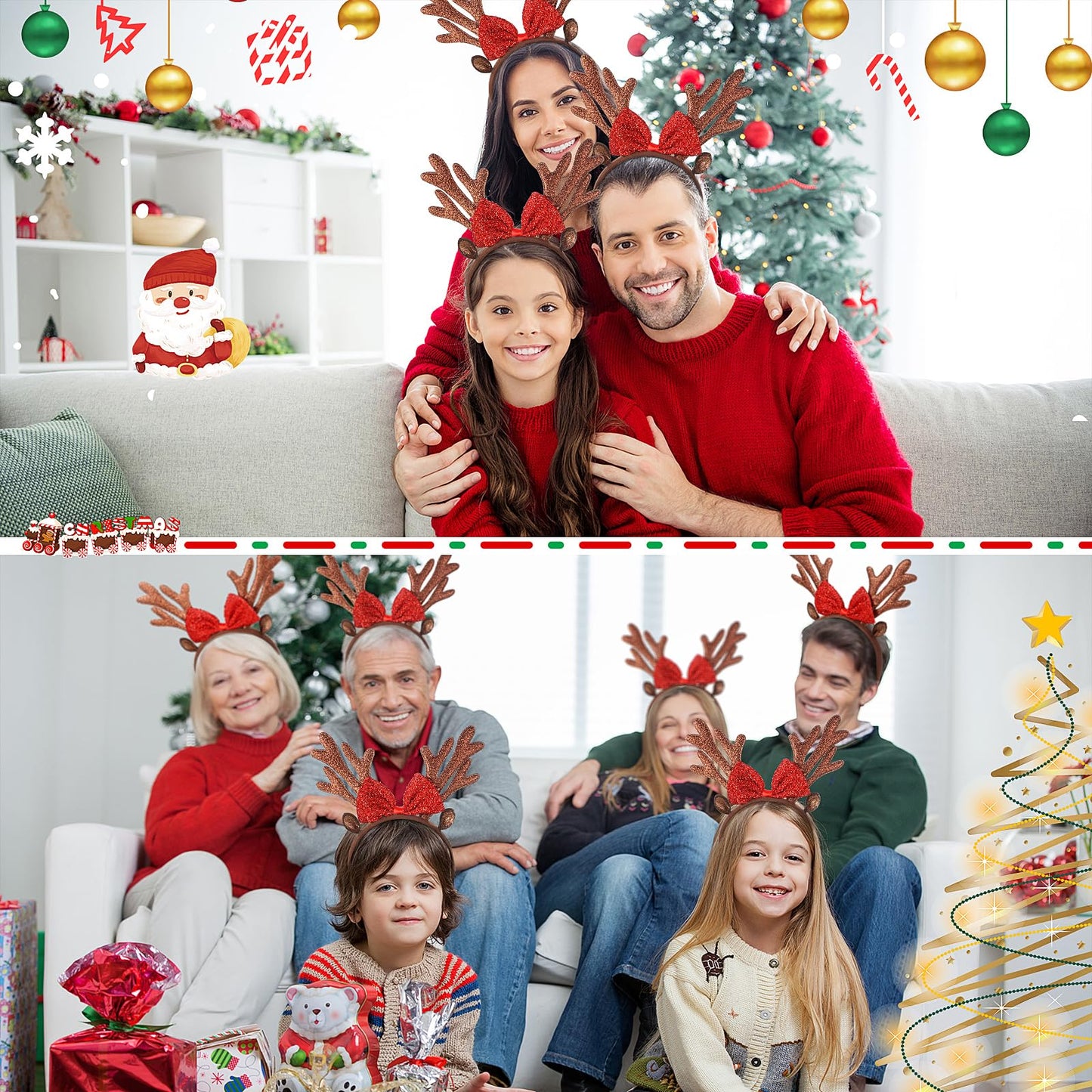 Lyrow 24 Pcs Reindeer Antlers Headbands for Adults Antlers Headband with Bells Halloween Christmas Holiday Party Gift (Bow Style)