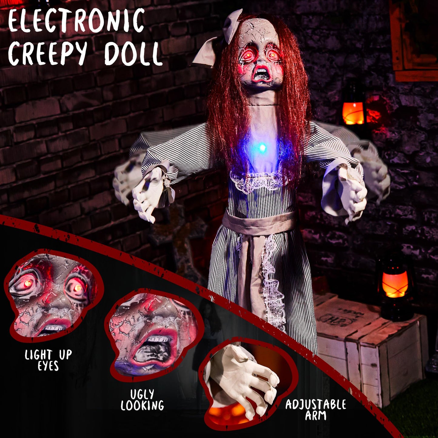 Halloween Animatronics 4ft Creepy Doll Decoration - 48inch Animated Scary Talking Doll with Sound Activated, Creepy Voice, Spooky Move, Light-Up Eyes, Horror Prop for Indoor, Outdoor, Yard Lawn