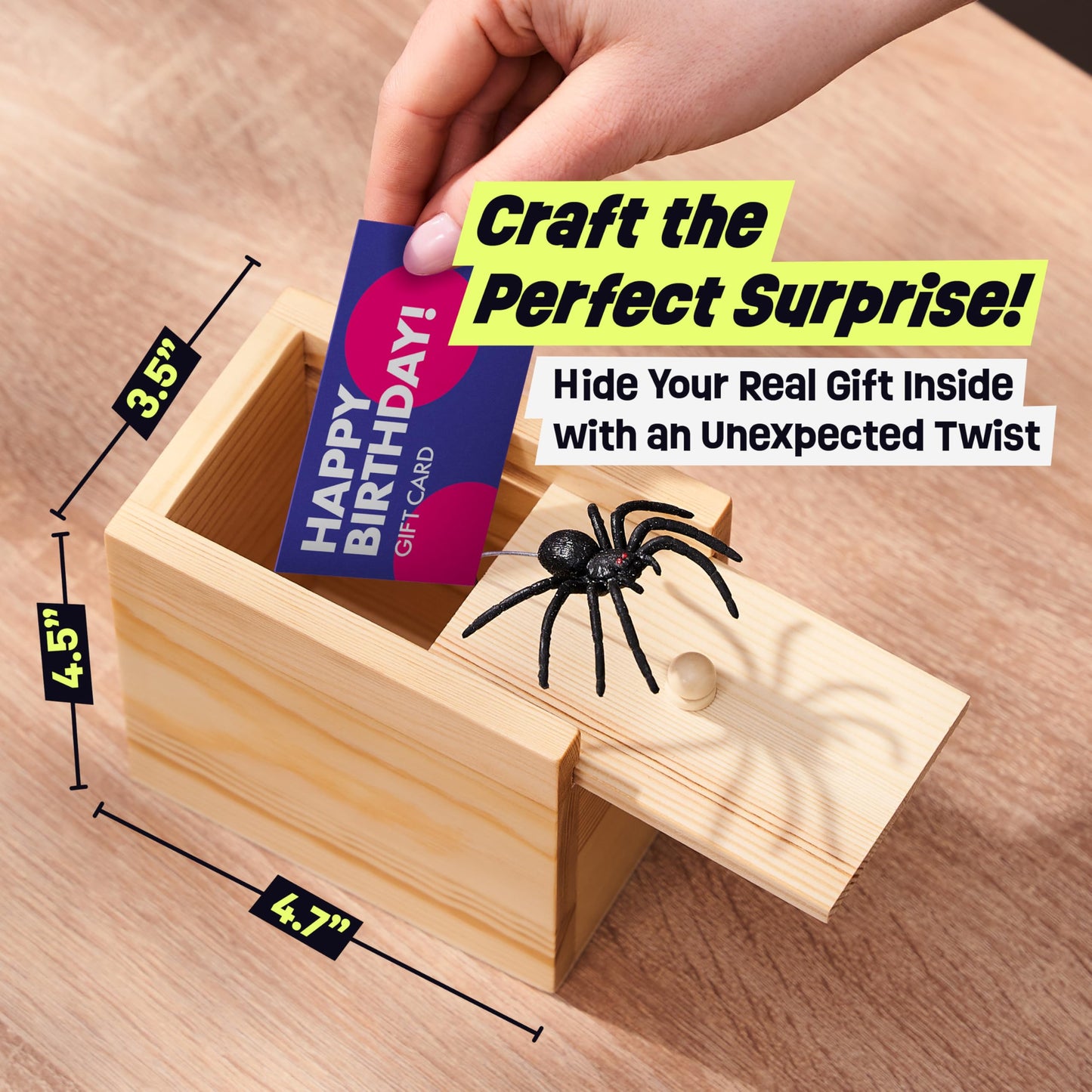 FunFamz The Original Spider Prank Box- Funny Wooden Box Toy Spider Prank, Hilarious April Fools Day, or Birthday Surprise Toy and Gag Gift Practical Joke Bromas Kit