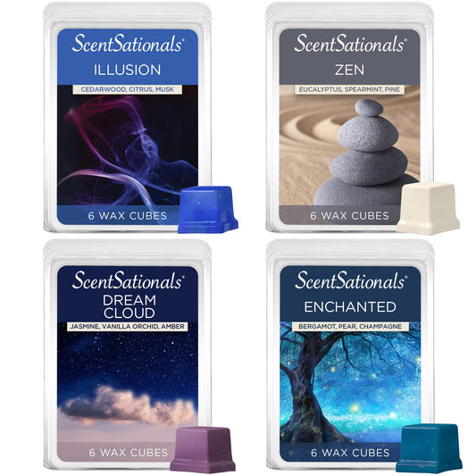 Scentsationals Wax Melts Moodscapes - Tranquility 4-Pack – Long Lasting Wax Cubes with Strong Scent for Warmers – Includes Zen, Illusion, Enchanted & Dream Cloud – 10oz (24-Cubes)
