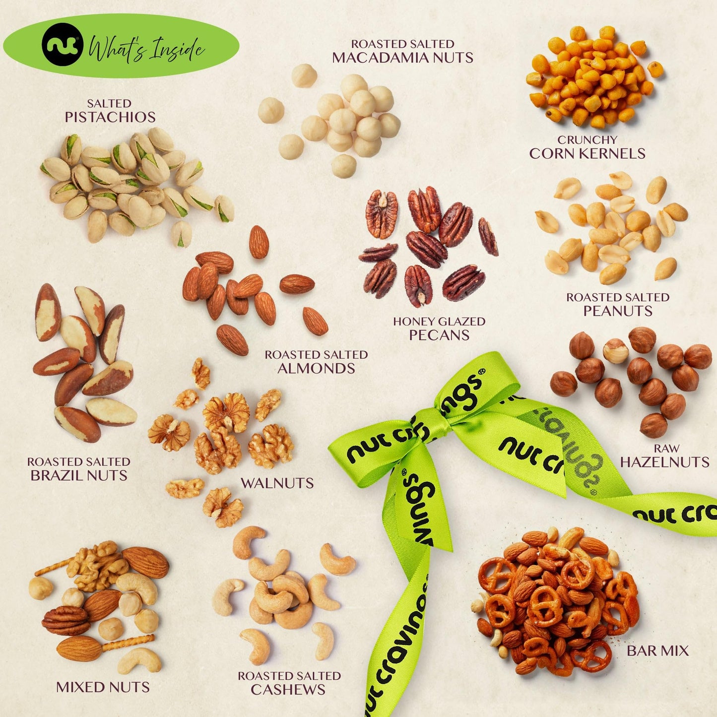 NUT CRAVINGS - Mixed Nuts Gift Basket in Reusable Wooden Tray + Green Ribbon (12 Assortments) Food Arrangement, Healthy Snack Care Package, Food Assortments