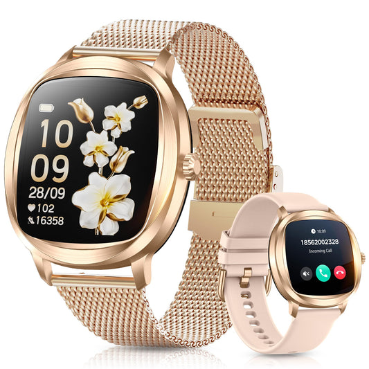 GLPYR Women's 2pc Band Sports Watch/Smart Watch 1.72" Fitness Tracker with Heart Rate Monitor, 100+ Sports Modes, Sleep Tracking, 7-Day Battery, IP68 Waterproof (Gold)