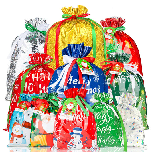 RBONIGHT |10 Seconds Wrapping Gift | 38PCS Christmas Drawstring Gift Bags of Assorted Sizes Small Medium Large Jumbo, Holiday Bags with Colorful Drawstrings for Xmas Party Favors,Christmas Presents