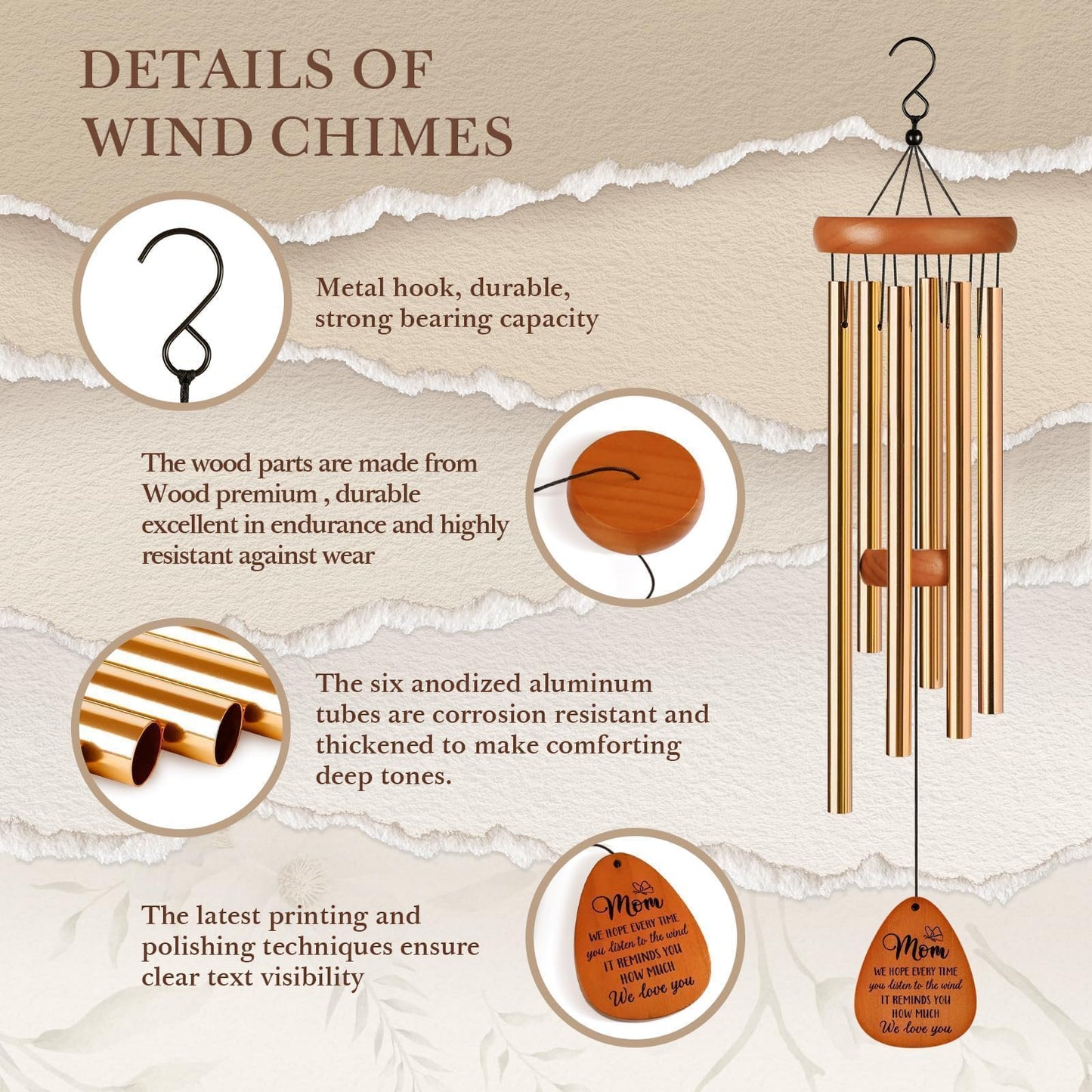 Leebbsin Gifts for Mom, Moms Wind Chimes, Mother's Day Best Gift for Mom, Mother Birthday Gift from Daughter Son, Love Reminder Gifts for Birthday Thanksgiving Christmas