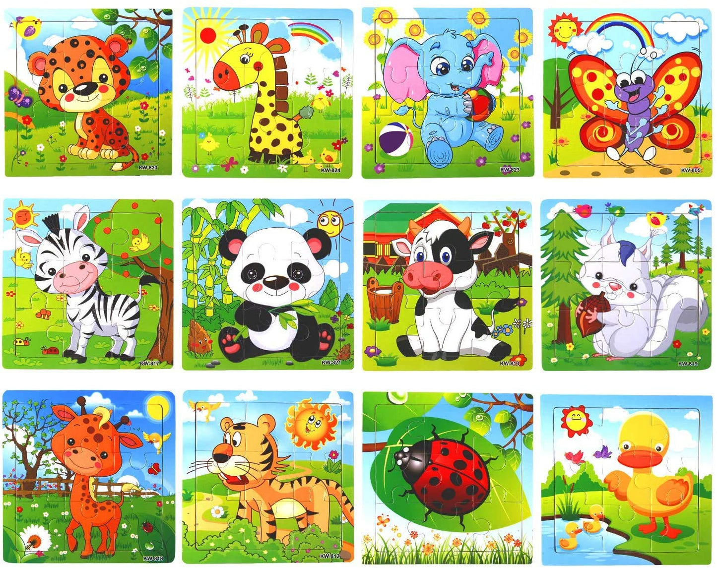 SANNIX 12 Pack Jigsaw Puzzles for Toddlers Wooden Animals Jigsaw Puzzles 9 pcs with 12 Organize Bags for Kids Ages 2 3 4 5 Preschool Educational Puzzles Learning Travel Toys for Boys and Girls