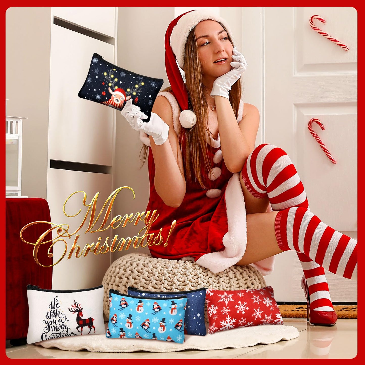 Reginary 60 Pcs Christmas Makeup Bags Bulk Xmas Cosmetic Bags 7 x 4.3 Inches Snowman Snowflake Santa Zipper Pouch Christmas Purses Gifts for Women