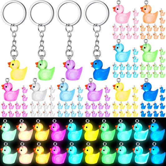 Ecation 100 Pcs Luminous Mini Duck Keychains Glow in the Dark Duck Resin Keychains 3D Tiny Key Chains Bulk Small Animal Pendant Accessories for Birthday Party Favors(Multicolor,Classic)