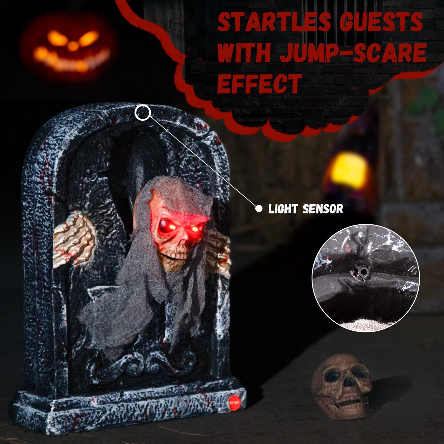 Halloween Animatronic Tombstone with Moving Skeleton - Sensor Activated Animated Scary Prop with Creepy Sound & Light-Up Eyes for Haunted House, Yard,Halloween Party Decor