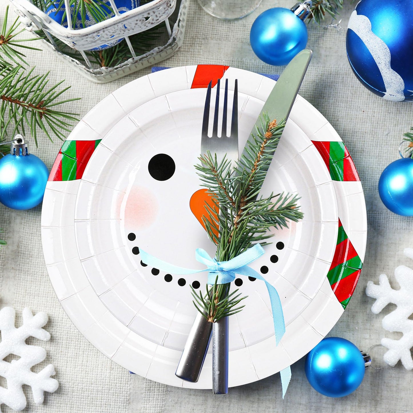 Whaline 175Pcs Christmas Party Tableware Set Winter Snowman Dinnerware Kit 7 and 9 Inch Paper Plates 6.5 Inch Disposable Napkins Cups Forks Spoons Knives for Xmas Holiday Dinner Supplies