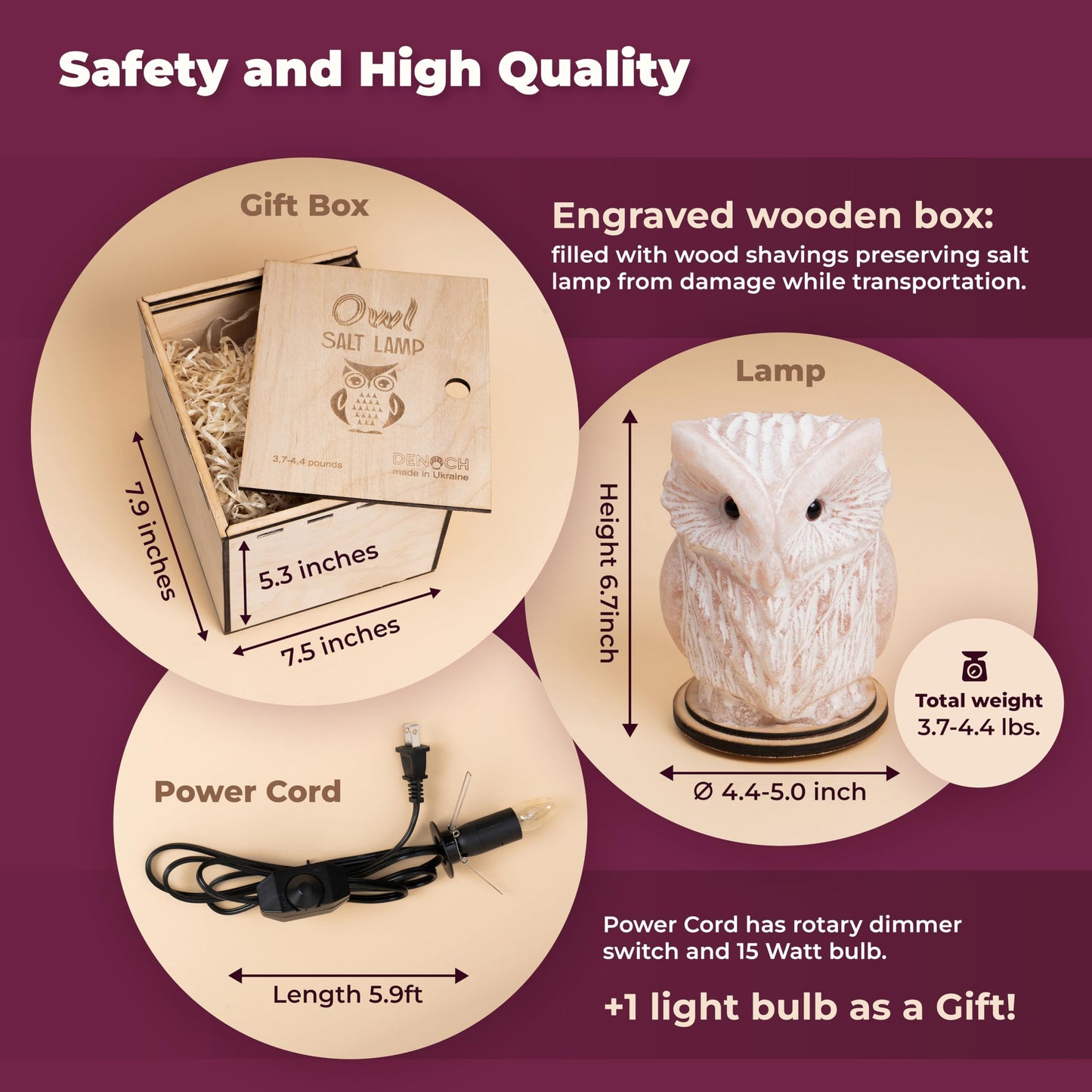 Owl Crystal Salt Lamp H 6.7”, 4.4 lbs - Pure Natural Rock Salt – Unique Night Light Lamp - 1 Light Bulb as a Gift - Wooden Present Box - Holiday Gift Ideas - Cool Room Décor