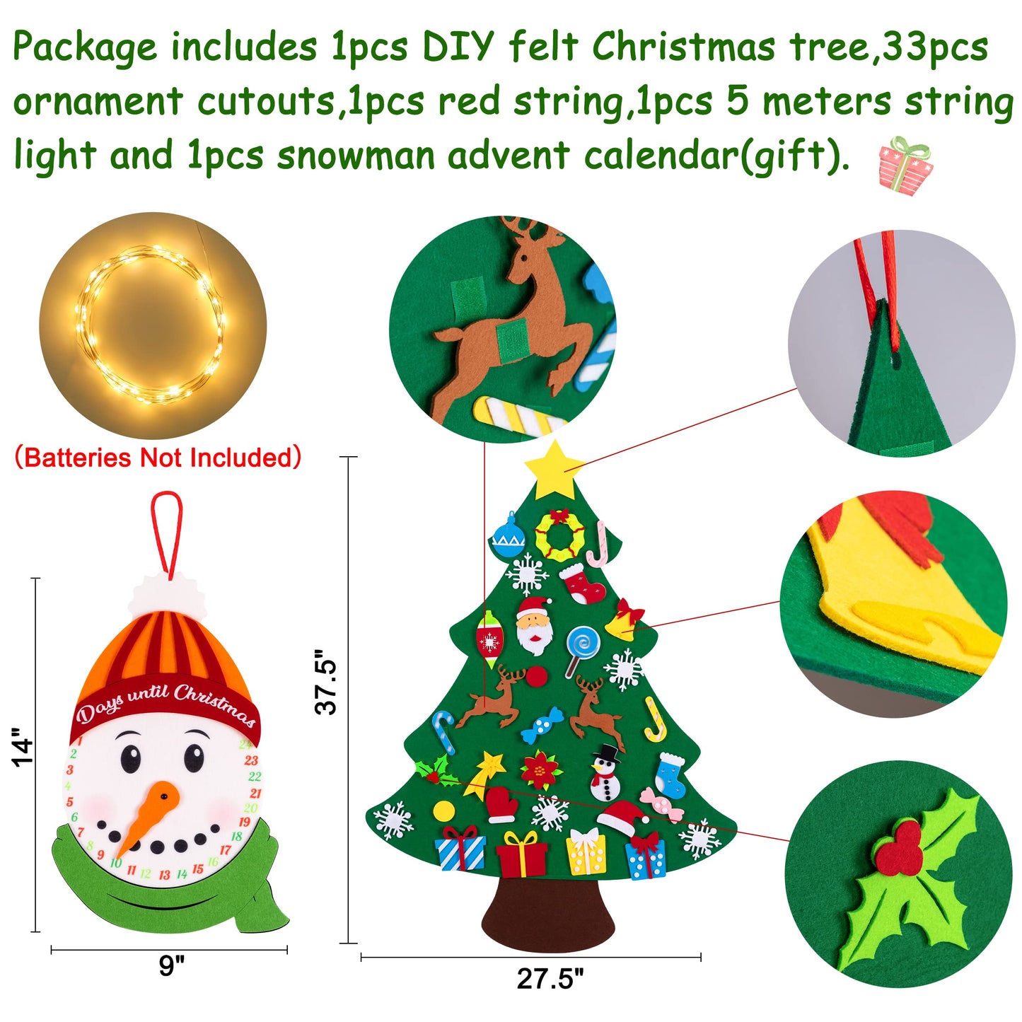 jollylife 3ft DIY Felt Christmas Tree Set + Snowman Advent Calendar - Xmas Decorations Wall Hanging 33 Ornaments Kids Gifts Party Supplies
