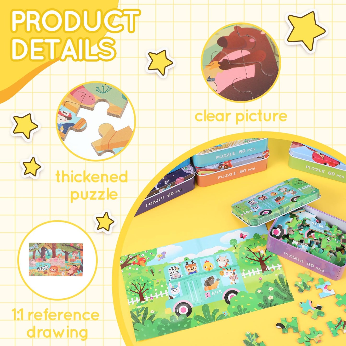 Libima 9 Boxes Party Favors Jigsaw Puzzles in a Metal Box for Age of 4-8 Wooden Puzzle for Ages 4-8 Boys and Girls Learning Educational Toys 9 Styles(Cute Style)