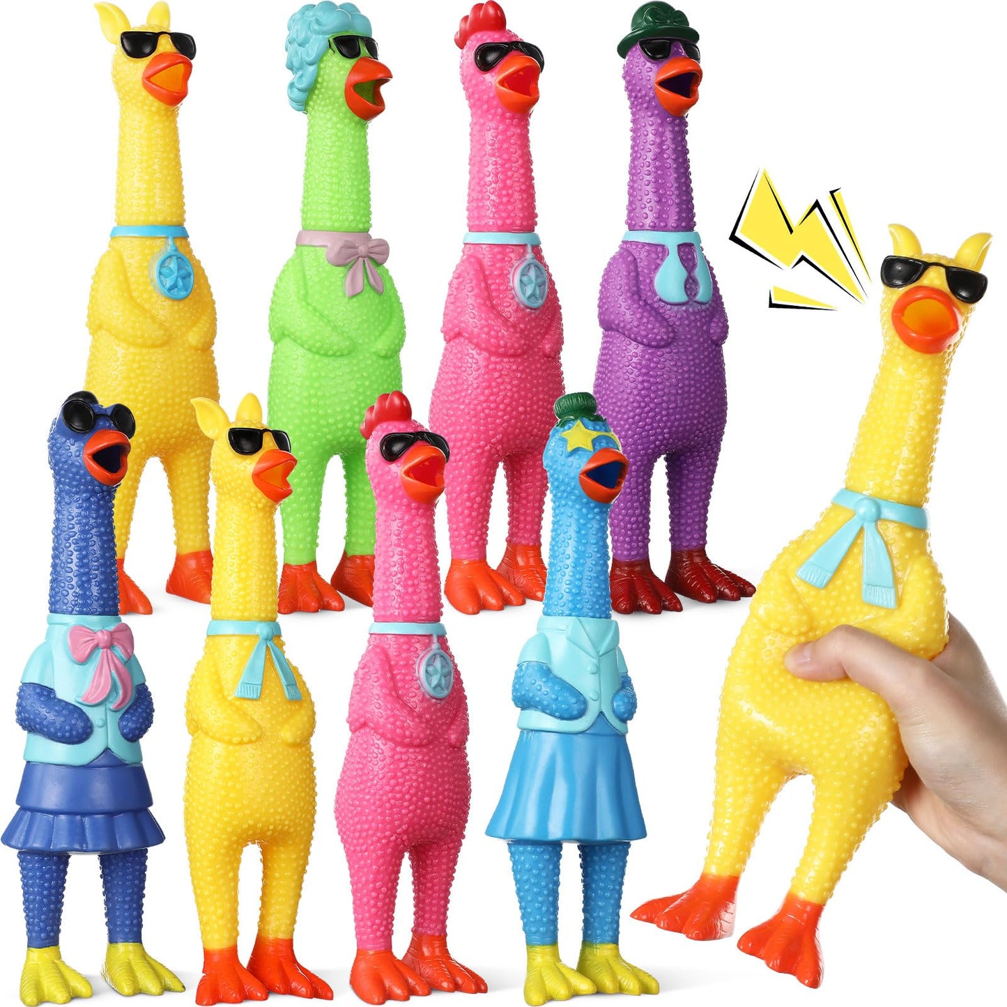 Suilung 8 Pcs Silly Rubber Chicken Screaming Chicken Dog Toy with Squeaker Large Squeaky Prank Noise Maker for Party Gift Prank Novelty Gifts Rubber Dog Toys(11 Inch,Mixed Style)