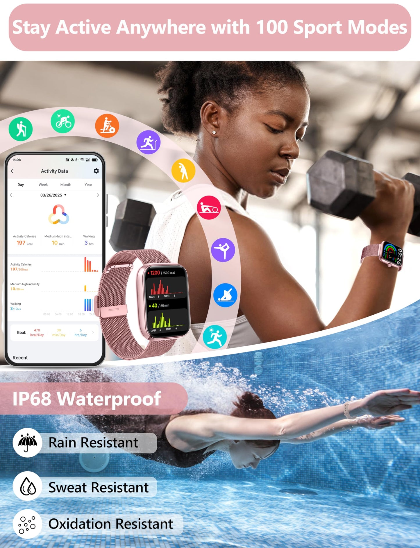 KALINCO Smart Watch Women [2 Bands, 44mm case] Alexa Fitness Tracker, Heart Rate, Sleep, Stress & SpO2 Monitor, IP68 Waterproof Smartwatch, Make/Answer Calls, Compatible with iPhone & Android Phones