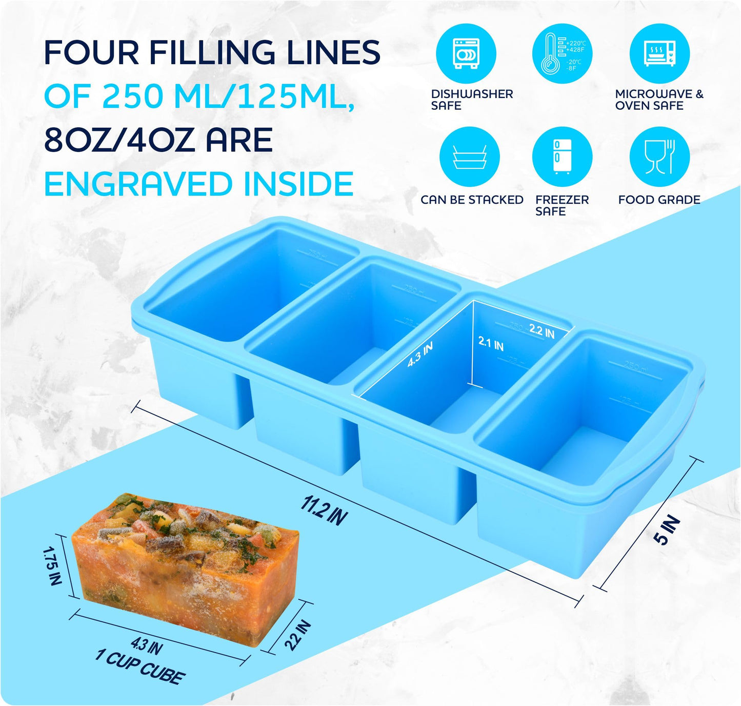 Zip Standing Silicone Freezer Trays with Lid,1-cup Soup Freezer Container large Ice Cube Molds with Reinforced Steel Ring Top for freezing Soup Sauce Broth Leftovers oven Dishwasher -Safe(2-Pack)