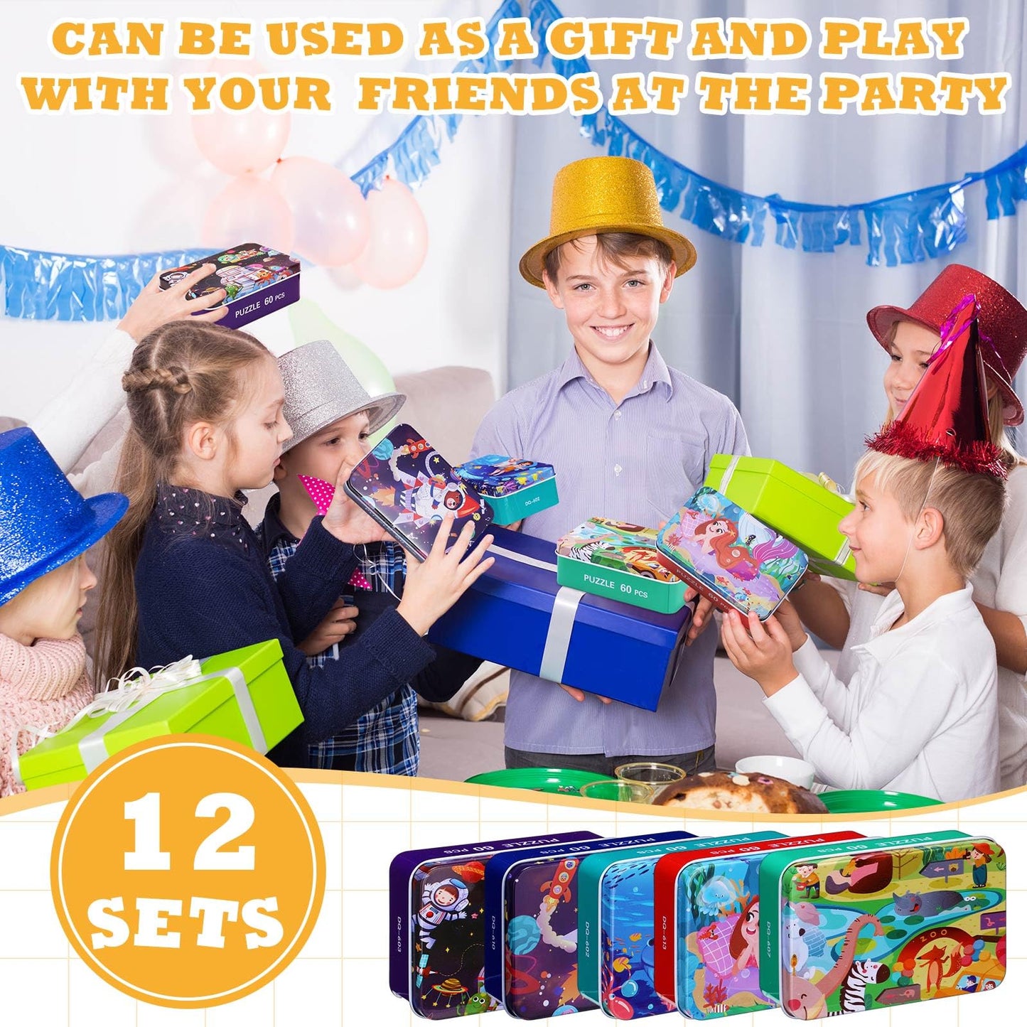 Silipull 12 Boxes Party Favors Jigsaw Puzzles in a Metal Box for Age of 4-8, Wooden Puzzle for Ages 4-8 Boys and Girls Learning Educational Jigsaw Pieces Toys, 12 Styles(Novel)