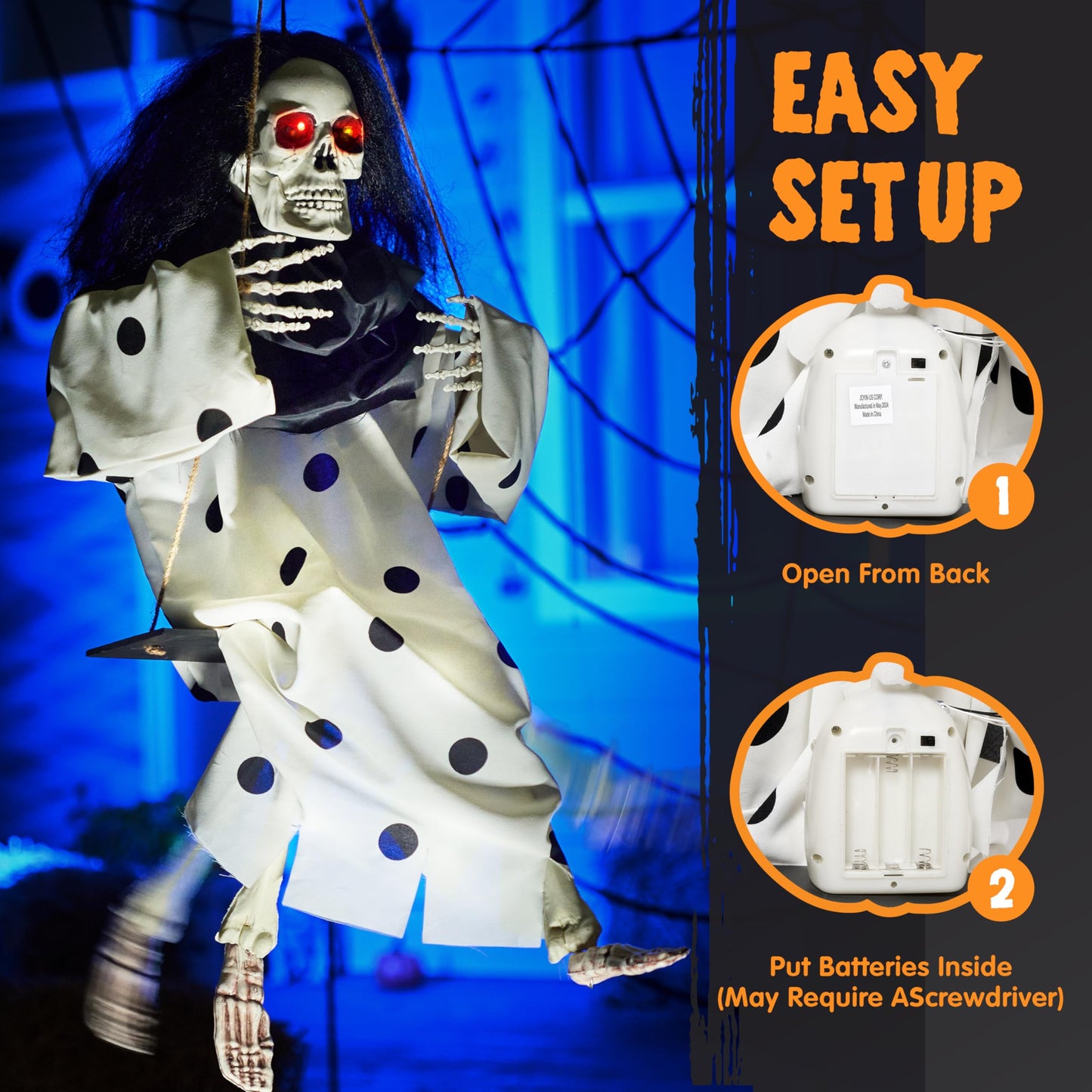 JOYIN 31" Halloween Animatronics Decorations Scary Swinging Clown, Outdoor Hanging Skeleton with Light-up Eyes and Kicking Legs, Sound Activated Ghost Decor for Haunted House, Lawn, Yard, Patio