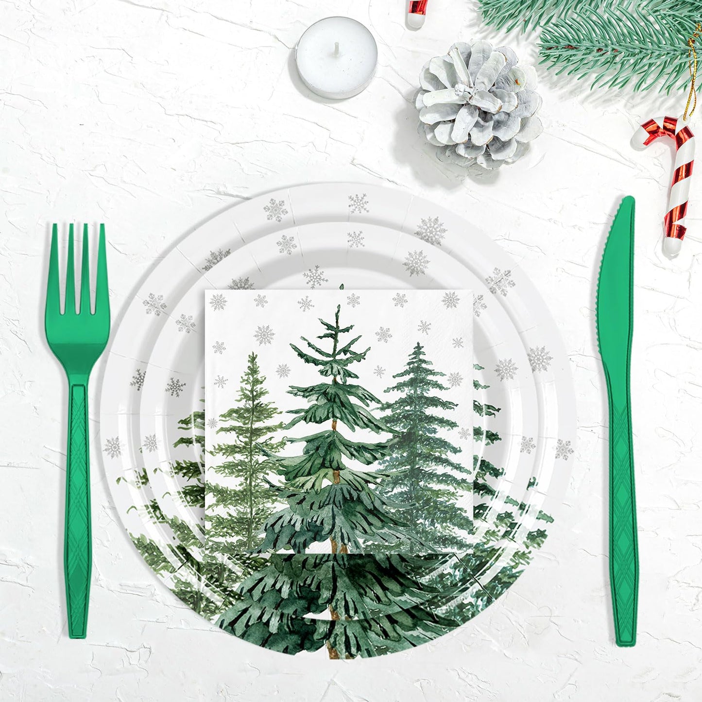 JarThenaAMCS 175Pcs Christmas Tree Party Supplies Kit Green Cedar Tableware Set Xmas Winter Disposable Dinnerware Paper Napkin Plate Cup Plastic Fork Knives Spoon for 25 Guests Party Favor