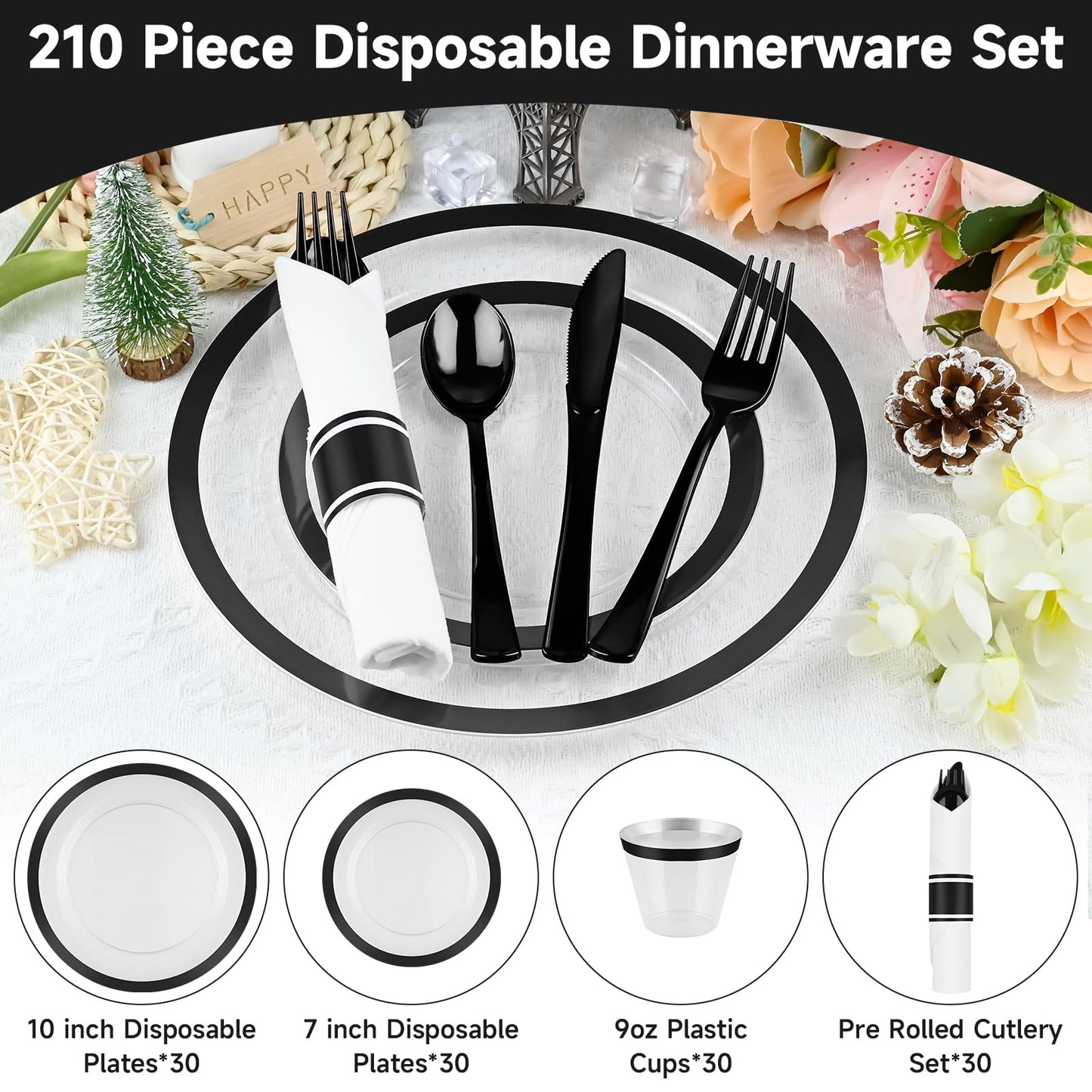 210 Pcs Black Plastic Dinnerware Set for 30 Guests - Includes 30set of Dinner Plates, Dessert Plates, Clear Plastic Cups, and Black Pre-Rolled Napkins with Cutlery Set, Disposable Party Supplies