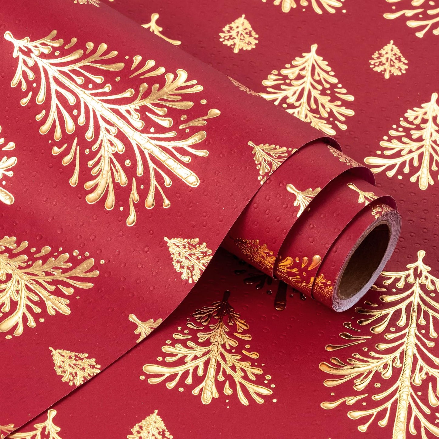 WRAPAHOLIC 30 Inch Jumbo 3D Kraft Christmas Wrapping Paper - 30 Inch x 16.5 Feet - Gold and Red Christmas Tree Wrapping Paper with Embossed Perfect for Holiday, Party Celebration