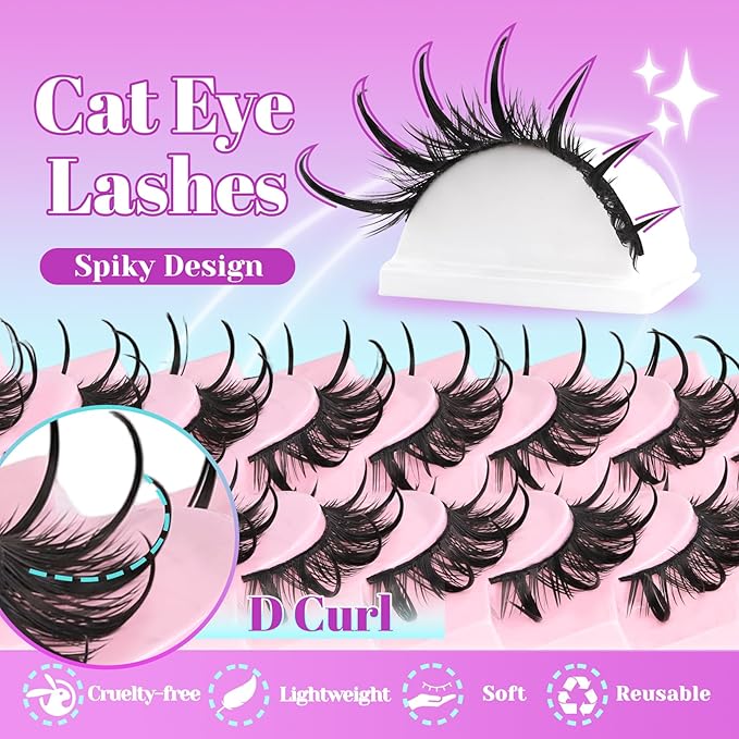 Losha Lashes Spiky Manga Lashes Wet Look Dramatic False Eyelashes 10 Pairs D Curl Cat Eye Lashes Kit with Lash Glue and Lash Tweezers Cosplay Anime Fake Eyelashes (Daring)