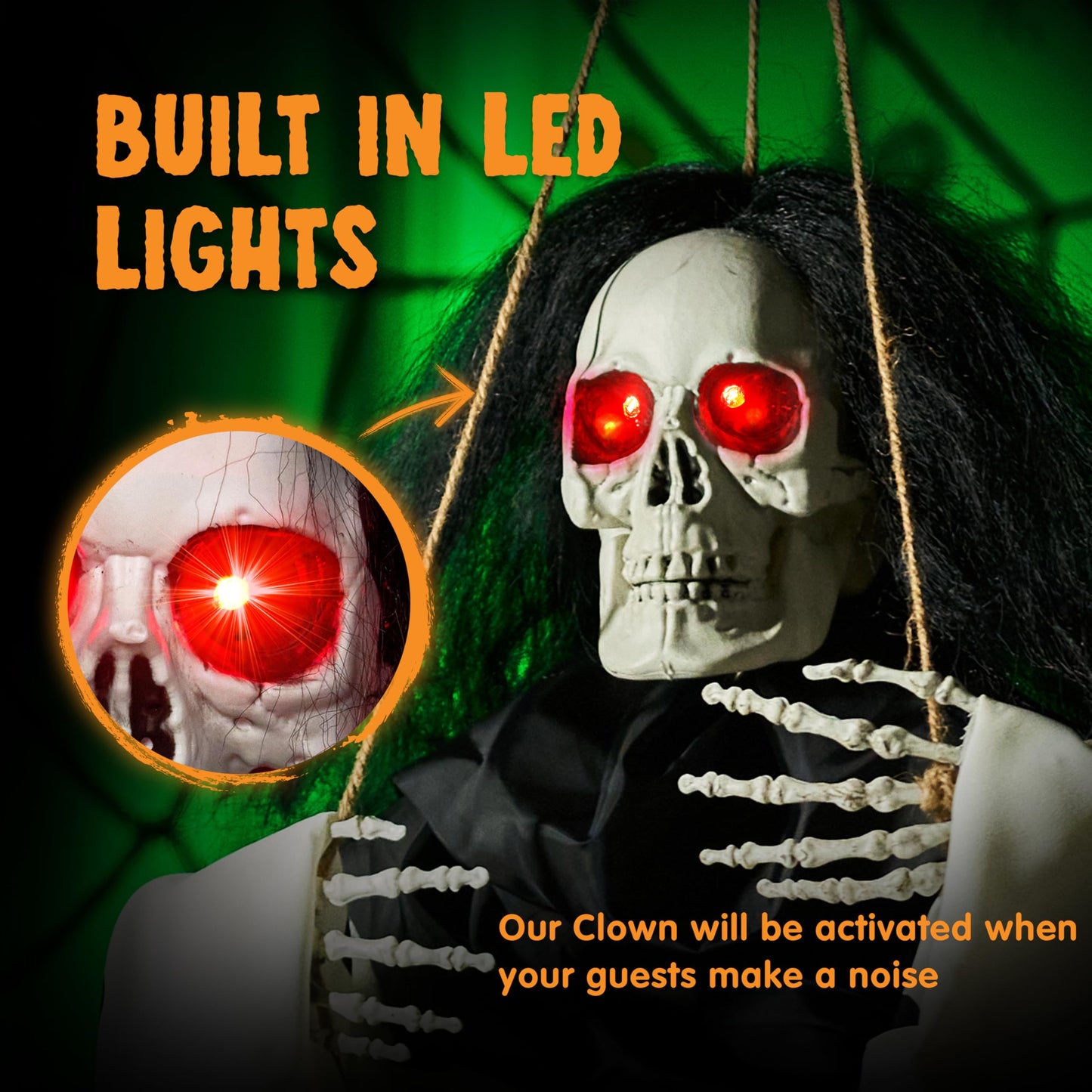 JOYIN 31" Halloween Animatronics Decorations Scary Swinging Clown, Outdoor Hanging Skeleton with Light-up Eyes and Kicking Legs, Sound Activated Ghost Decor for Haunted House, Lawn, Yard, Patio