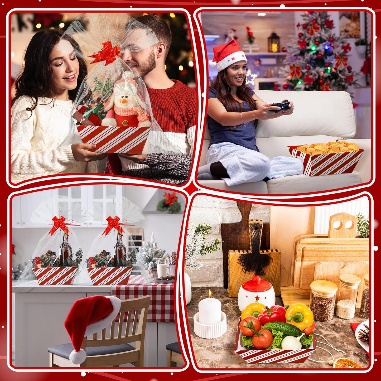 Kolldenn 24 Pcs Christmas Candy Cane Striped Gift Baskets 8" x 10" for Empty Gift Kit with Handles 8 Red White Stripes Basket 8 Bags and 8 Bows to Fill for DIY Xmas Wrapping