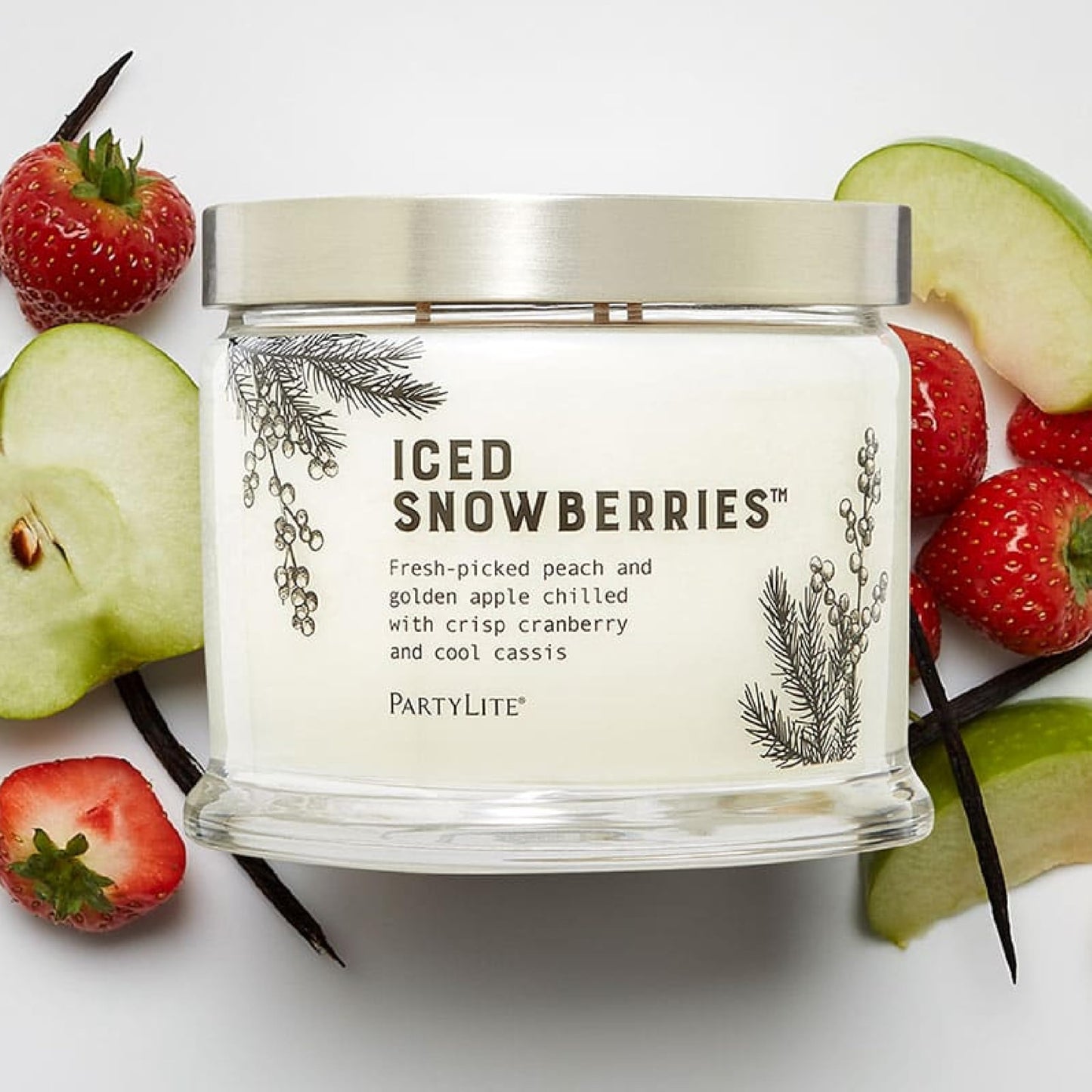 PartyLite Iced Snowberries Scented, Notes of Apple, Cassis, Cranberry, Peach, Strawberry, Berry, Vanilla & Musk,13.2oz 3-Wick Jar Candle, 45 Hour Burn Time, Luxurious Fragrance, Perfect for Gifting