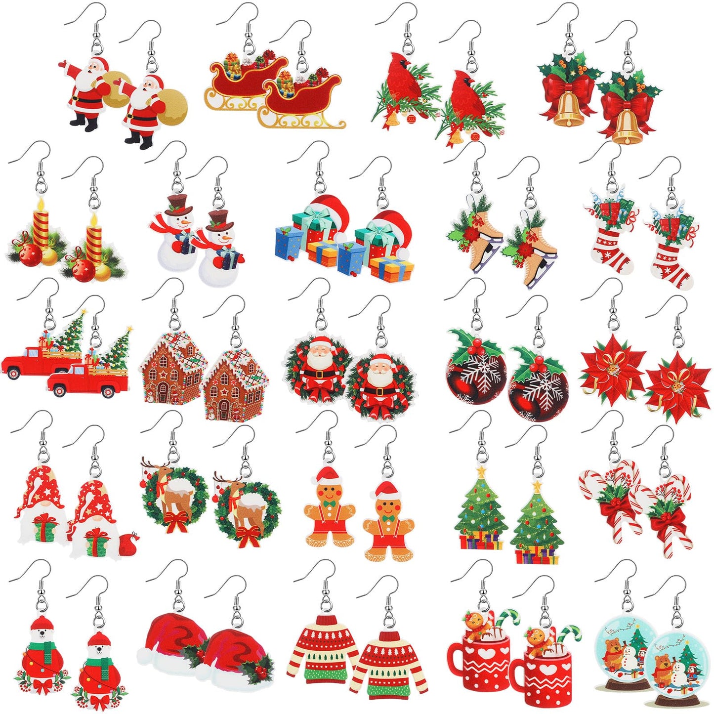 Misdary 24 Pairs Christmas Drop Earrings Bulk Thanksgiving Xmas Holiday Acrylic Dangle Earrings Christmas Tree Bow Deer Snowflake Garland Red Truck Earrings Jewelry Set for Women Adults Gifts