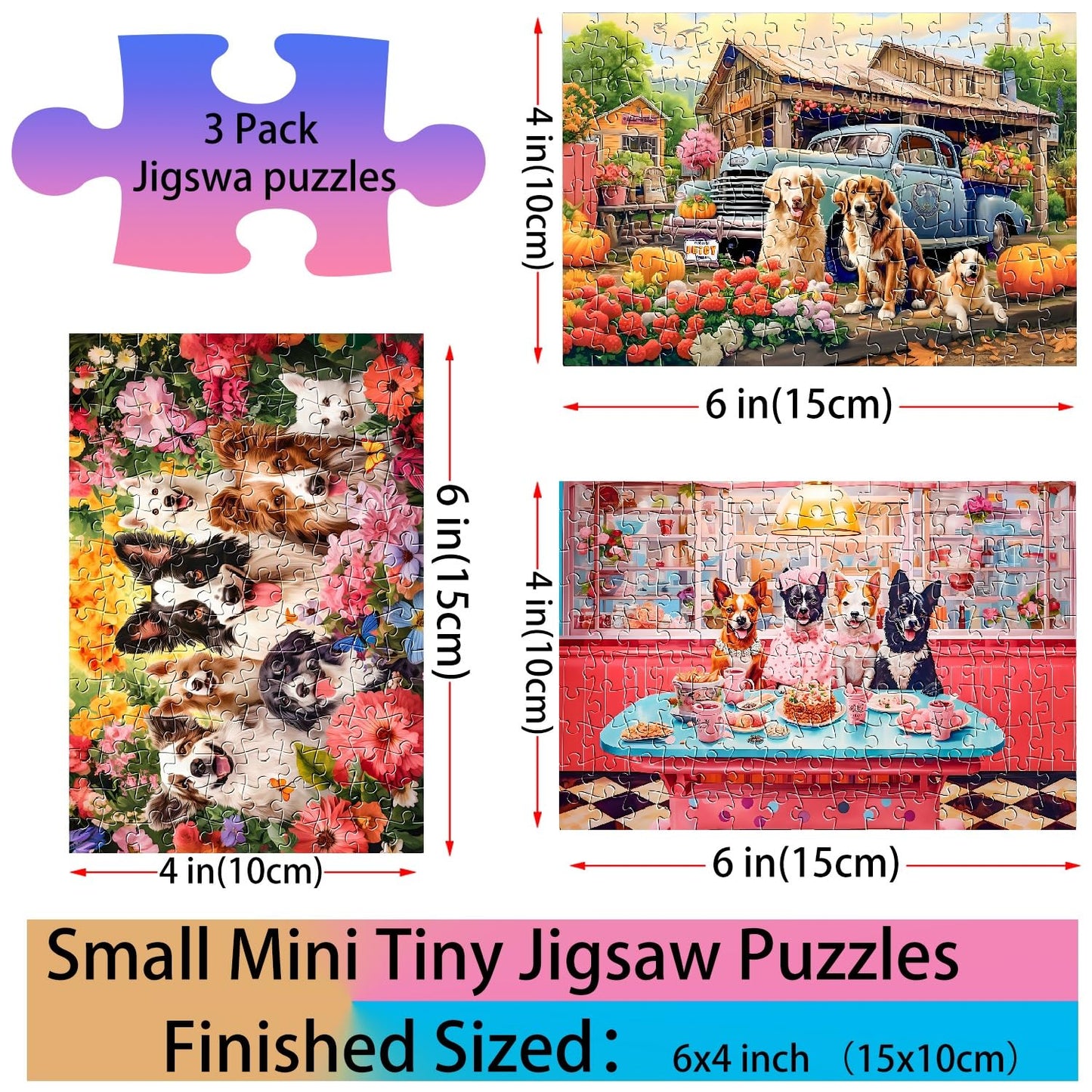 Small Jigsaw Puzzles for Adults 150 Pieces Vintage Cute Puppy Mini Jigsaw Puzzles Oil Painting Challenging Mini Puzzles Tiny Jigsaw Puzzles 6 x 4 Inches,3 Pcs,Mini Easel Included