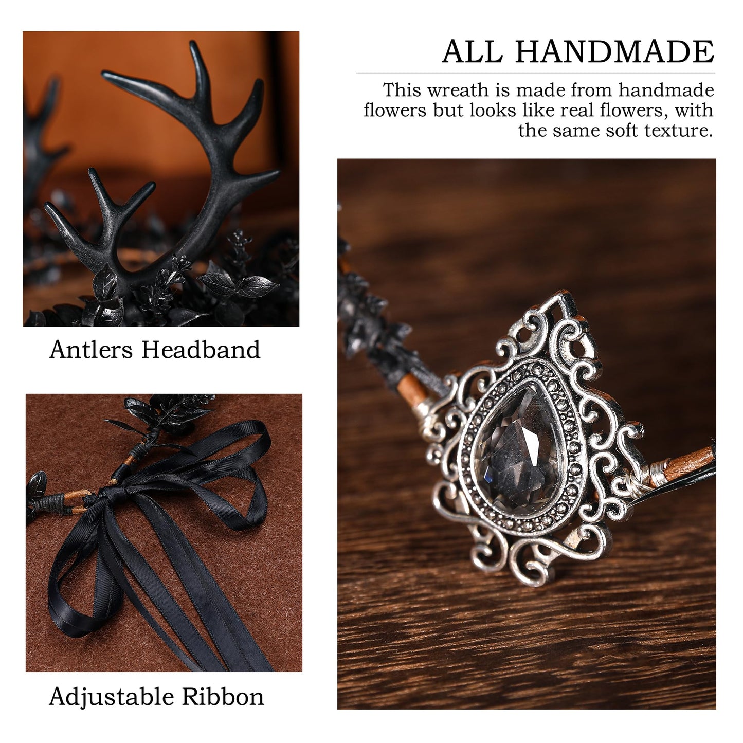 MOSTORY Black Flower Antler Crown - Dark Reindeer Headpiece Gothic Elf Circlet Deer Horns Headband for Women Cosplay Renaissance Goth Wedding Renfaire Accessory