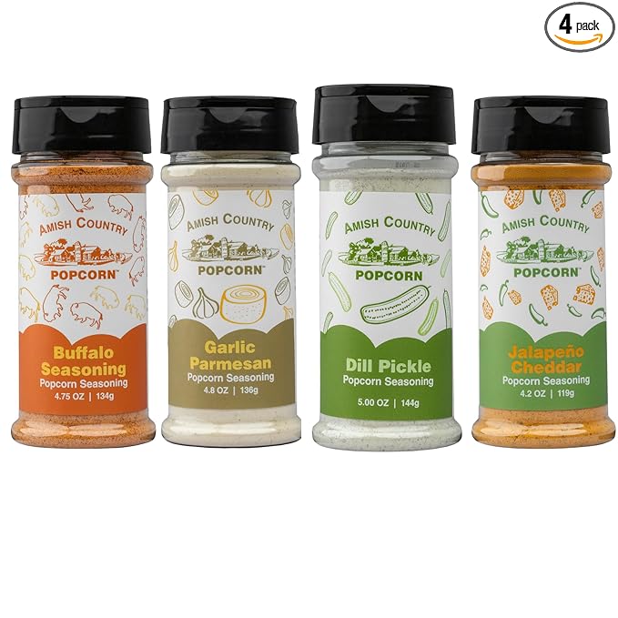 Amish Country Popcorn | 4 Pack Seasoning Bundle | Buffalo, Garlic Parmesan, Jalepeno Cheddar, Dill Pickle | Old Fashioned, Non-GMO and Gluten Free