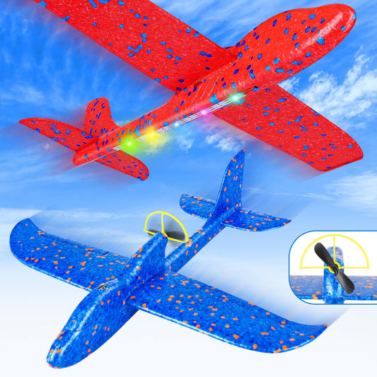 Fuwidvia Electric Foam Airplane Toy, 2 Pack LED 15/25s Plane Toy for Boys, Outdoor Flying Toy Birthday Gifts for Boys Girls 3-12 Years Old Kids Christmas Easter
