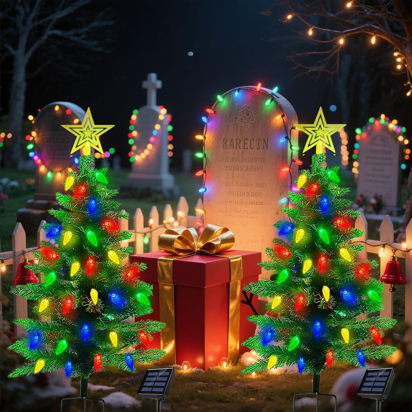 2-Pack 3.6FT Solar Christmas Tree Outdoor Christmas Decorations, 8 Modes Solar Xmas Tree Lights with 100 LED, Waterproof Solar Christmas Lights for Yard Front Porch Pathway Grave Cemetery Decor