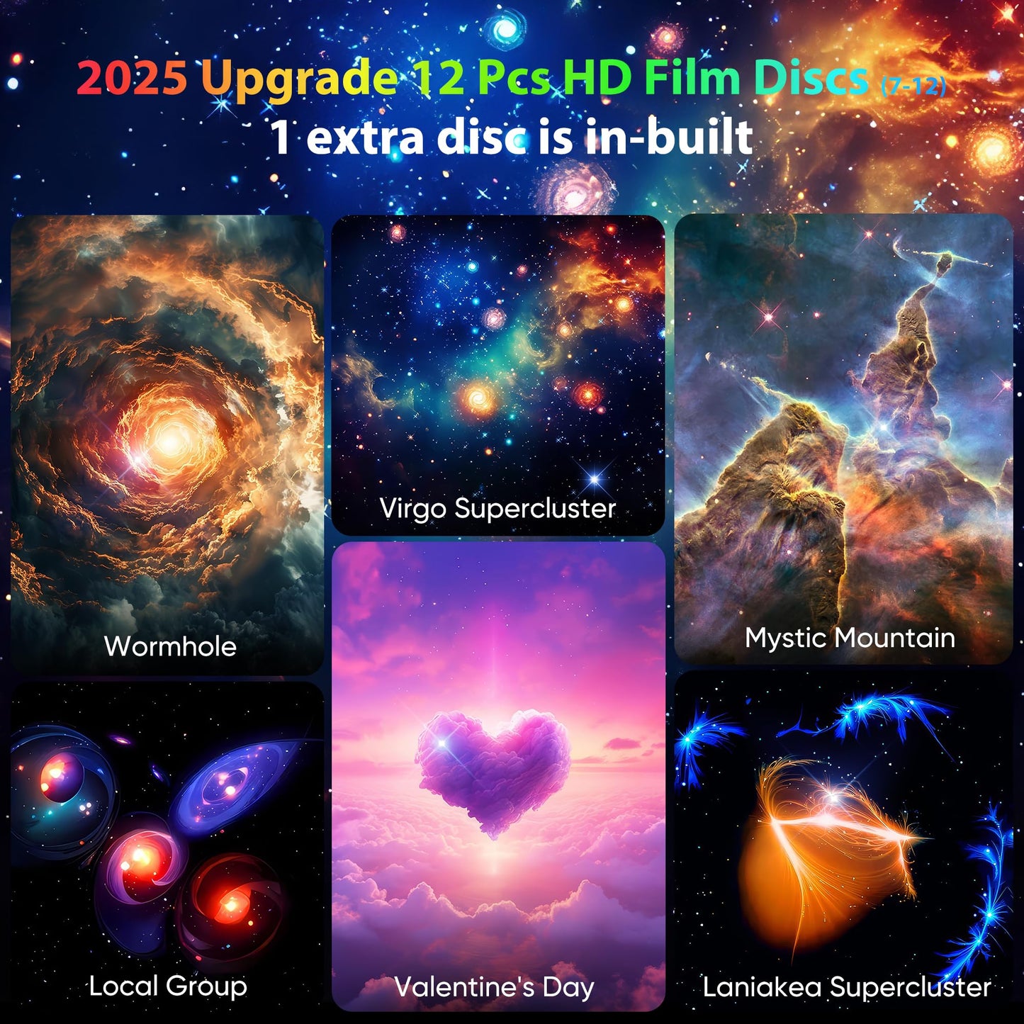 Galaxy Projector for Bedroom Pro Version, Upgraded Film Disc Star Projector for Kid 12 in 1 Planetarium Projector HD Image Adjustable Knob 360° Rotating 1/2h Timer Simple 4-Button Control