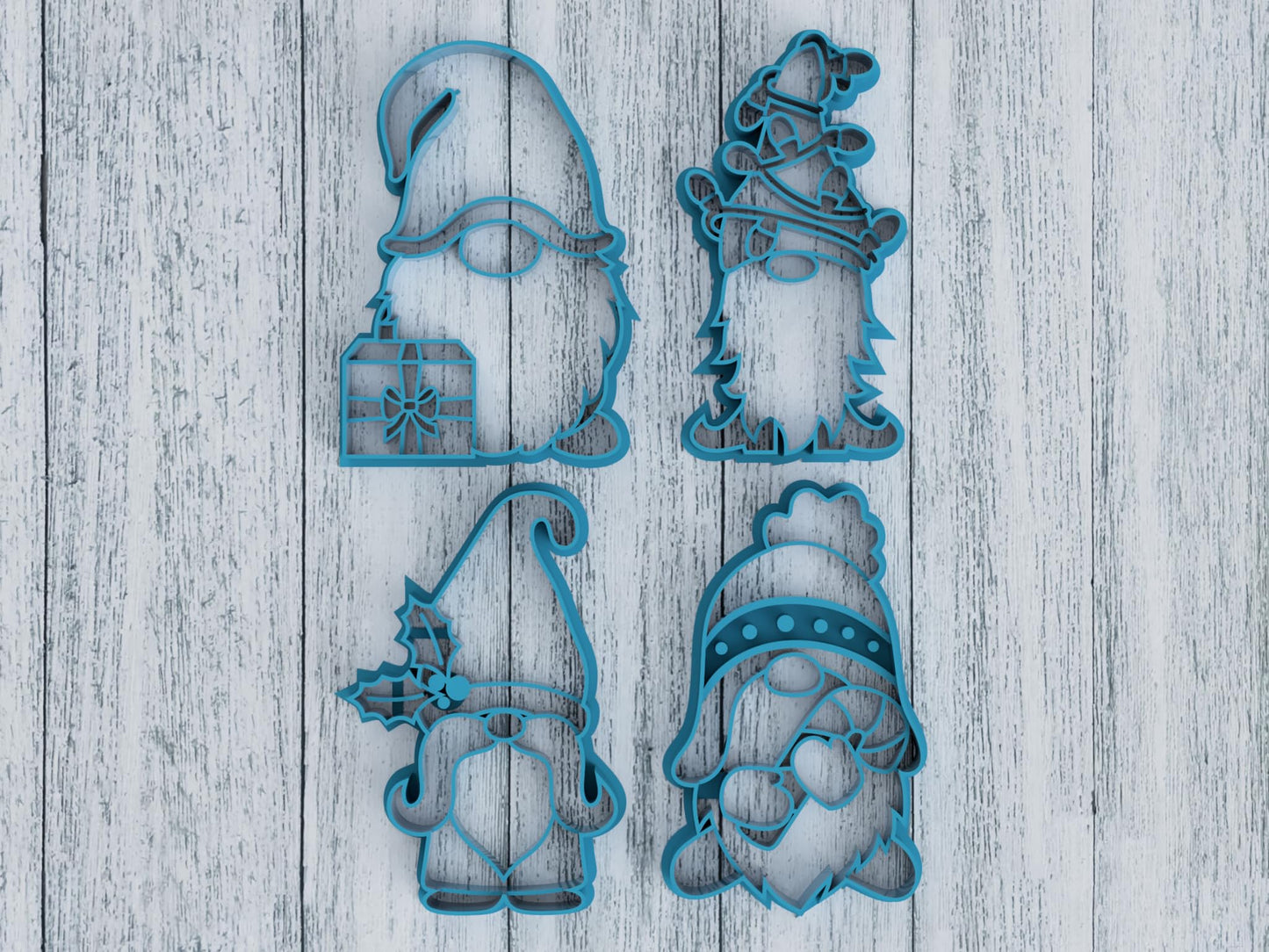 4 Piece Christmas Garden Gnome Cookie Cutter Set - Includes Gnomes with Lights, Gift, Holly and Candy Cane (4 Inch)